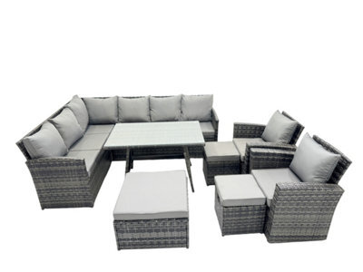 Fimous 11 Seat Poly Rattan Outdoor Patio Oblong Dining Table Corner Sofa Set With 3 Stool 2 Chairs For Backyard Dark Grey Mixed - image 1