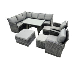 Fimous 11 Seat Poly Rattan Outdoor Patio Oblong Dining Table Corner Sofa Set With 3 Stool 2 Chairs For Backyard Dark Grey Mixed - thumbnail 2