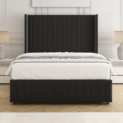 Bsspoke Luna Divan Bed Set Black Plush Velvet 54Inch Wingedback Headboard & Footboard & Mattress No Drawers In All Sizes - image 1