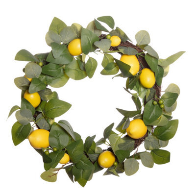 Premier Decorations Lemon Wreath With Artificial Citrus Fruit And Green Foliage 45 Cm Summer Door Garland Indoor Home Decoration