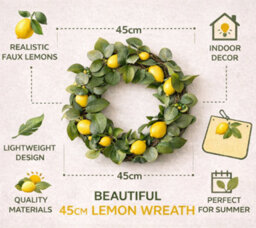 Premier Decorations Lemon Wreath With Artificial Citrus Fruit And Green Foliage 45 Cm Summer Door Garland Indoor Home Decoration - thumbnail 2