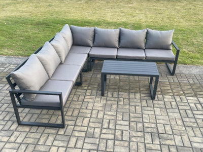 Fimous Aluminium Patio Outdoor Garden Furniture Lounge Corner Sofa Set With Oblong Coffee Table Dark Grey