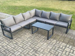 Fimous Aluminium Patio Outdoor Garden Furniture Lounge Corner Sofa Set With Oblong Coffee Table Dark Grey - thumbnail 2