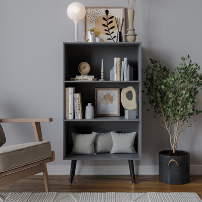 Urbn-Living Urbnliving 110Cm Height 3 Tier Grey Bookcase Storage Cabinet Scandinavian Style Black Legs Dining Room Display Unit - image 1