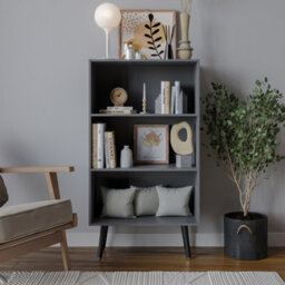 Urbn-Living Urbnliving 110Cm Height 3 Tier Grey Bookcase Storage Cabinet Scandinavian Style Black Legs Dining Room Display Unit - thumbnail 1
