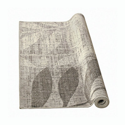 Grey Leaf Rug With Soft 100% Viscose Pile - Low Profile Contemporary Design For Hard Floors - 140 X 200Cm