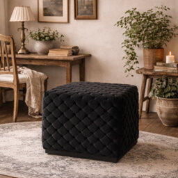 Wyld Haus Parker Small Black Velvet Diamond-Tufted Square Pouffe