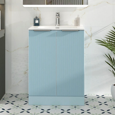 Royal Bathrooms Evora 700mm Powder Blue Fluted Floor Standing Bathroom Vanity Unit 2 Door Cabinet With Ceramic Basin - image 1