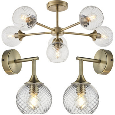 Loops 6 Light Semi Flush Ceiling & 2X Matching Wall Lights - Antique Brass Clear Spiral Patterned Shade - image 1