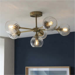 Loops 6 Light Semi Flush Ceiling & 2X Matching Wall Lights - Antique Brass Clear Spiral Patterned Shade - thumbnail 4