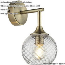 Loops 6 Light Semi Flush Ceiling & 2X Matching Wall Lights - Antique Brass Clear Spiral Patterned Shade - thumbnail 7