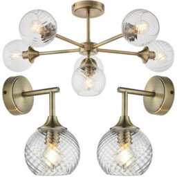 Loops 6 Light Semi Flush Ceiling & 2X Matching Wall Lights - Antique Brass Clear Spiral Patterned Shade