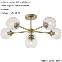 Loops 6 Light Semi Flush Ceiling & 2X Matching Wall Lights - Antique Brass Clear Spiral Patterned Shade - thumbnail 3