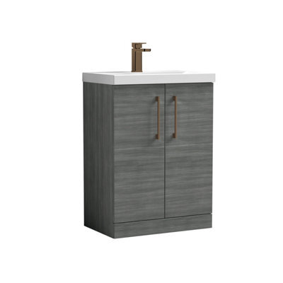 Balterley Bramshall Contemporary Bathroom Floor Standing 2-Door Vanity Unit & Mid-Edge Basin, Anthracite Woodgrain, 600mm - image 1