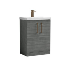 Balterley Bramshall Contemporary Bathroom Floor Standing 2-Door Vanity Unit & Mid-Edge Basin, Anthracite Woodgrain, 600mm - thumbnail 1
