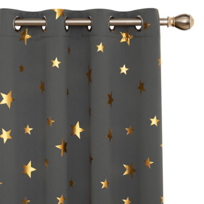 Deconovo Blackout Room Darkening Curtains, Thermal Insulated Gold Star Foil Printed Curtains, W66 X L54 Inch, Light Grey, 2 Panels - image 1