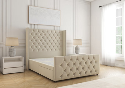 Bsspoke Divan Base Bed Set Cream Plush Velvet With 54Inch Headboard & Footboard No Drawers No Mattress In Double 3Ft 4Ft 5Ft 6Ft - image 1
