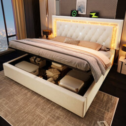 Matteo King Size Ottoman Bed Frame With Adjustable Led Headboard & Usb-C Charging, Beige Velvet