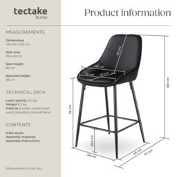 Tectake Bar Stool Siera With Backrest, Padding And Soft Fabric - Velvet Look Black/black, Set Of 6 - thumbnail 6