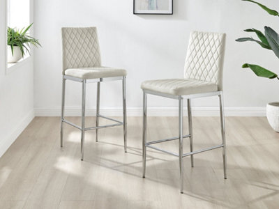 Furniturebox Set Of 2 Milan Cream Diamond-Stiched Soft Touch Velvet Silver Chrome Leg Padded Counter Stools - image 1