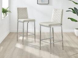 Furniturebox Set Of 2 Milan Cream Diamond-Stiched Soft Touch Velvet Silver Chrome Leg Padded Counter Stools