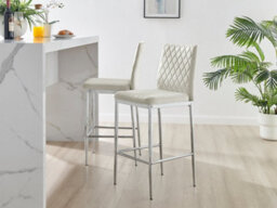 Furniturebox Set Of 2 Milan Cream Diamond-Stiched Soft Touch Velvet Silver Chrome Leg Padded Counter Stools - thumbnail 9
