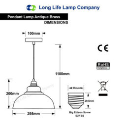 Long Life Lamps Company Industrial Vintage Ceiling Pendant Light Antique Brass Shade M003 - thumbnail 2