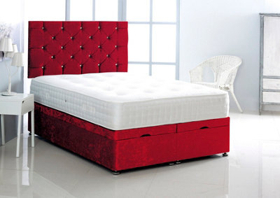 Comfy Deluxe 4Ft Small Single Red Crush Velvet Foot Lift Ottoman Bed With Headboard & Mattress - image 1