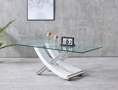Modernique Nuovo Coffee Table, Tempered Clear Glass Top With Cross Leg In Gloss White - image 1
