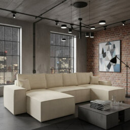 Malaga U Mdf Corner Sofa Bed With Dl Pull Out Seat Storage For Living Room Freestanding Back 370X181X94Cm Cream Corduroy - thumbnail 1