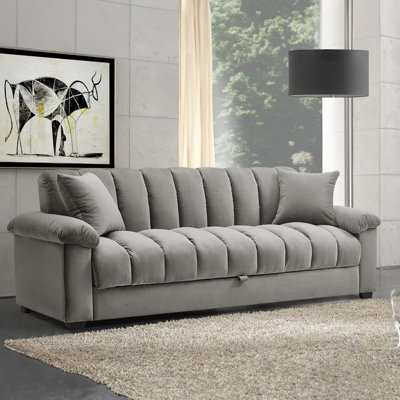 Living And Home Grey 3 Seat Sofa Bed Velvet Upholstered Couch Sofabed Convertible Sleeper - image 1