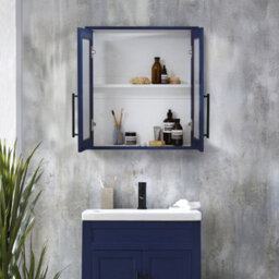 Homestylestore 600 X 650mm Navy Blue Wall Mounted Mirrored Door Bathroom Cabinet And Brushed Copper Finger Pull Handles - thumbnail 2