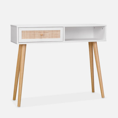 Sweeek - 100Cm Wood And Cane Decor Console Table Boheme Blanc Cassé 100X29X81 Cm - image 1