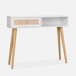 Sweeek - 100Cm Wood And Cane Decor Console Table Boheme Blanc Cassé 100X29X81 Cm