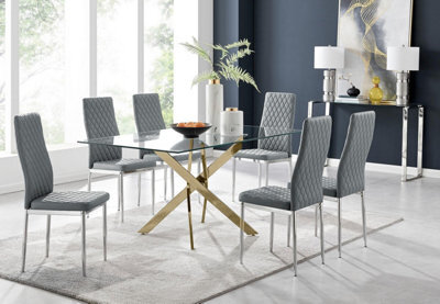 Furniturebox Uk Leonardo 6 Gold Dining Table And 6 Grey Milan Chairs - image 1