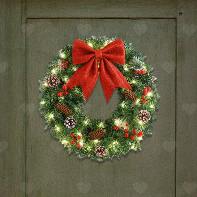 Amorly 15.75Inch Illuminated Christmas Door Wreath, Artificial Pine Wreath With Red Bow, Berries And Pinecones, Battery Operated For Wall - image 1