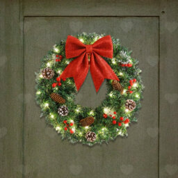 Amorly 15.75Inch Illuminated Christmas Door Wreath, Artificial Pine Wreath With Red Bow, Berries And Pinecones, Battery Operated For Wall - thumbnail 1