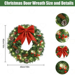 Amorly 15.75Inch Illuminated Christmas Door Wreath, Artificial Pine Wreath With Red Bow, Berries And Pinecones, Battery Operated For Wall - thumbnail 2