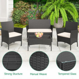 Onemill Rattan Garden Furniture Set 4-Piece With 2 Armchairs,1 Double Seat Sofa And 1 Table (Black) - thumbnail 2
