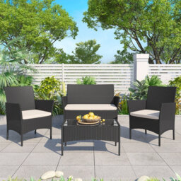 Onemill Rattan Garden Furniture Set 4-Piece With 2 Armchairs,1 Double Seat Sofa And 1 Table (Black) - thumbnail 1