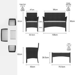 Onemill Rattan Garden Furniture Set 4-Piece With 2 Armchairs,1 Double Seat Sofa And 1 Table (Black) - thumbnail 4