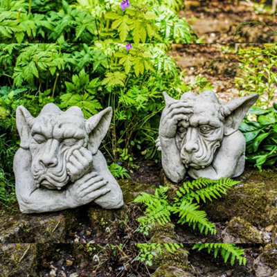 Pair Of Large Hand On Head Sleepy Gargoyle Garden Statues - image 1