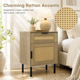 Costway Rattan Nightstand Boho Bedside Table End Table With Drawer - thumbnail 6