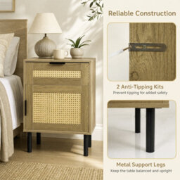 Costway Rattan Nightstand Boho Bedside Table End Table With Drawer - thumbnail 4