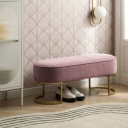Wyld And Coco Luxora Velvet Pink Bed Bench With Gold Metal Legs - Medium Oval Seating For Bedroom, Hallway, Living Room - thumbnail 2