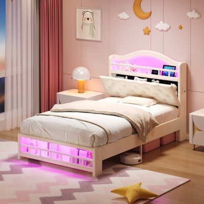 Abrihome 3Ft Single Velvet Bed Frame With Led Lights & Charging Station. Diamond Tufted Headboard With Hidden Storage, Usb, Beige - image 1