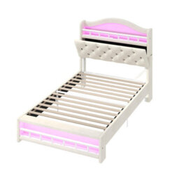 Abrihome 3Ft Single Velvet Bed Frame With Led Lights & Charging Station. Diamond Tufted Headboard With Hidden Storage, Usb, Beige - thumbnail 8