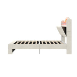 Abrihome 3Ft Single Velvet Bed Frame With Led Lights & Charging Station. Diamond Tufted Headboard With Hidden Storage, Usb, Beige - thumbnail 9