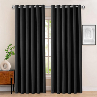 Bedlooms Blackout Curtain Thermal Insulated Eyelet Ready Made Ring Top Black Curtain (Pair) 66 X 90 Inches With Tie Backs - image 1
