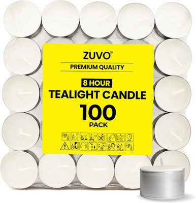 Zuvo Tea Light Candles 100 Pack 8 Hour Burn Unscented White 3.8Cm X 2.3Cm 23G Each - image 1